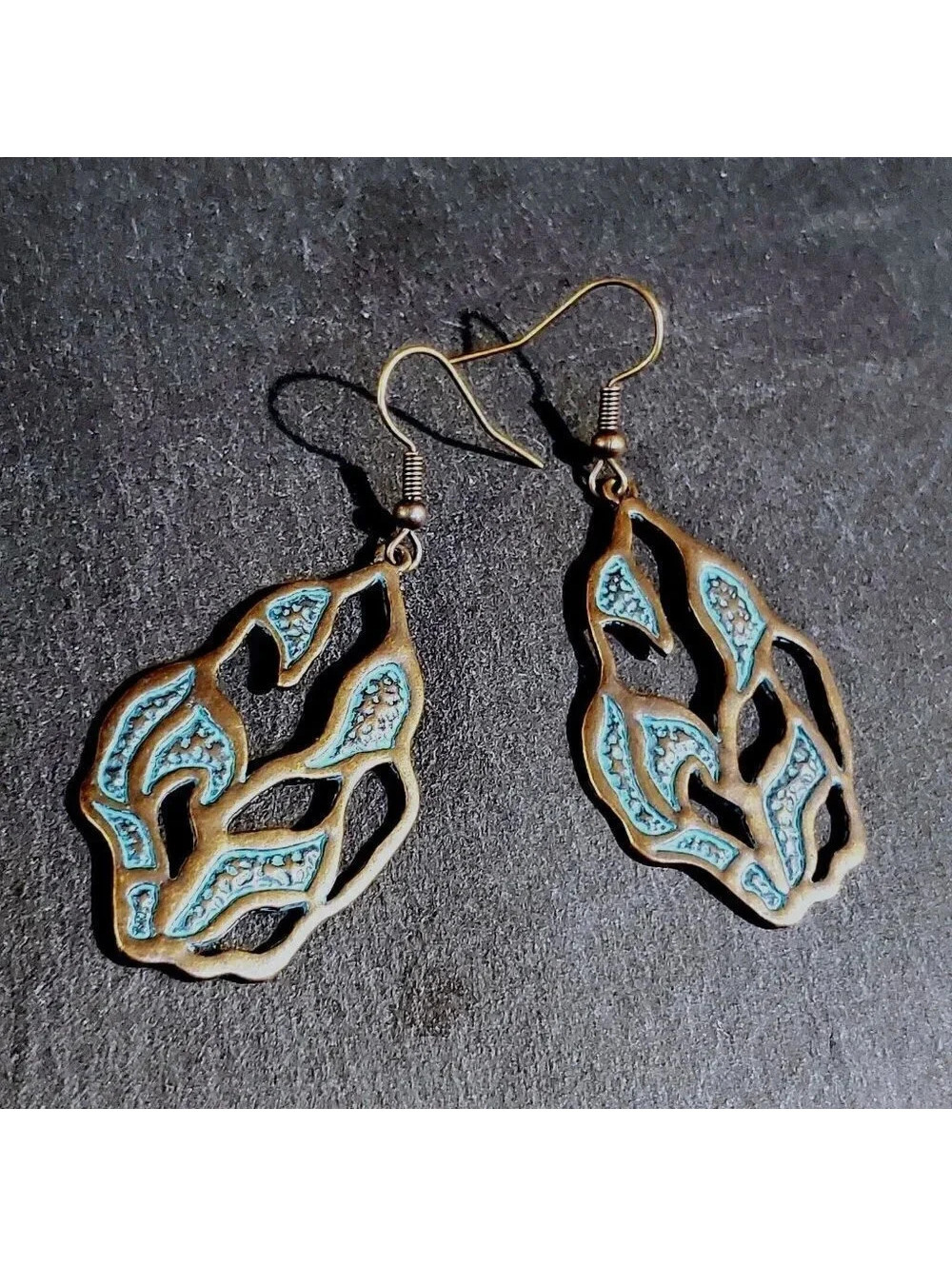 Antique Copper Verdigris Blue Green Patina Artsy Textured Open Leaf Earrings